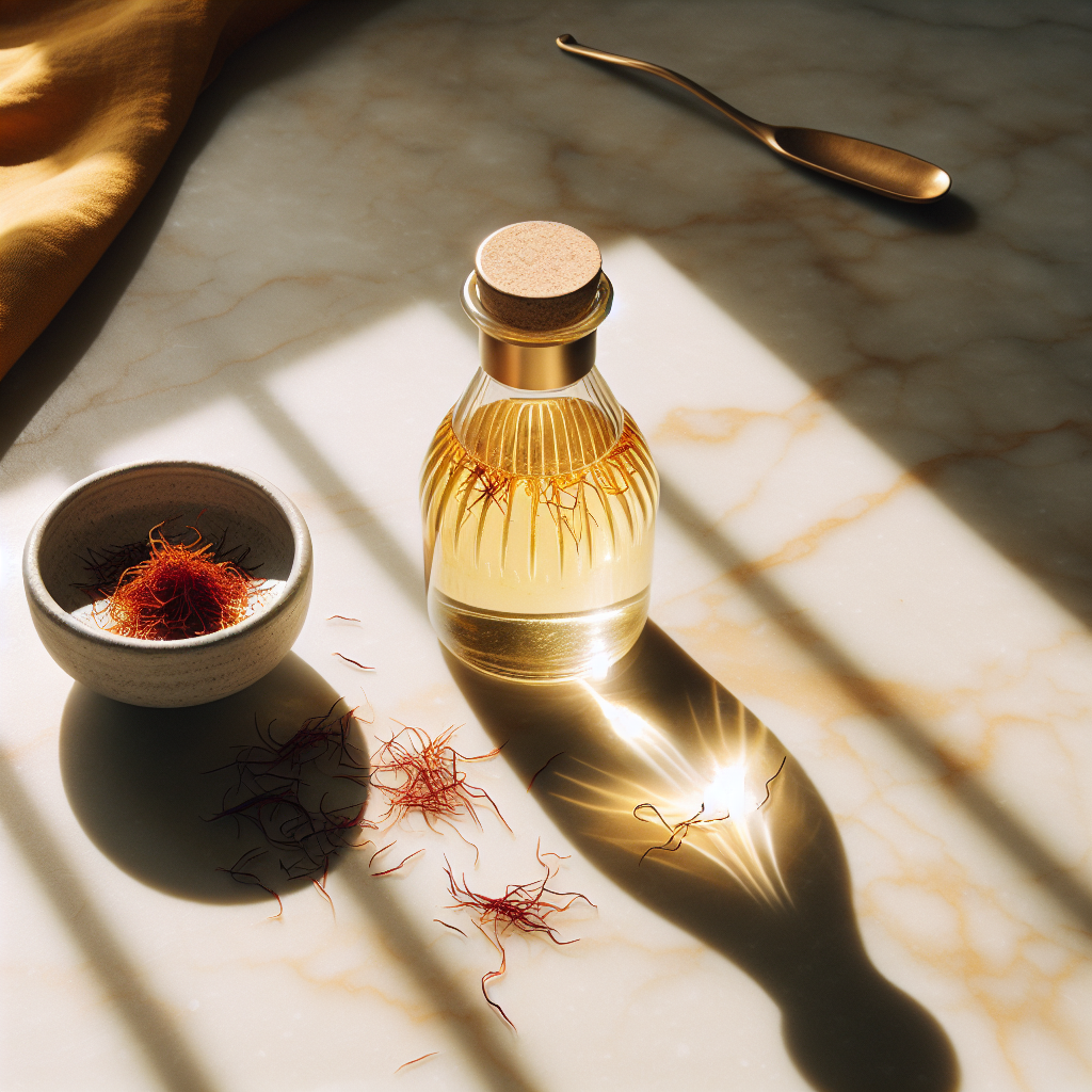 Noush saffron water morning ritual — golden light, minimalist Persian aesthetic